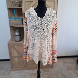 Easel Lg Knit Hooded Sweater Striped V-Neck Long Sleeve Layer Piece Boho Hippie